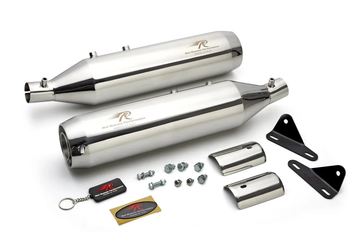 Red Rooster Astral Exhaust for Royal Enfield Super Meteor – Performance Slip-On (Black / Polish) - View 2