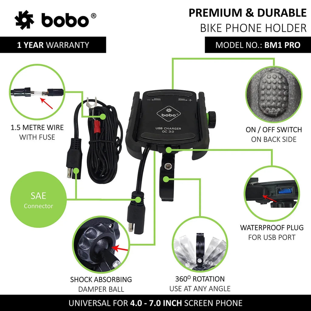 BOBO BM1 PRO Bike Phone Holder with USB 3.0 Charger & SAE Connector - View 9