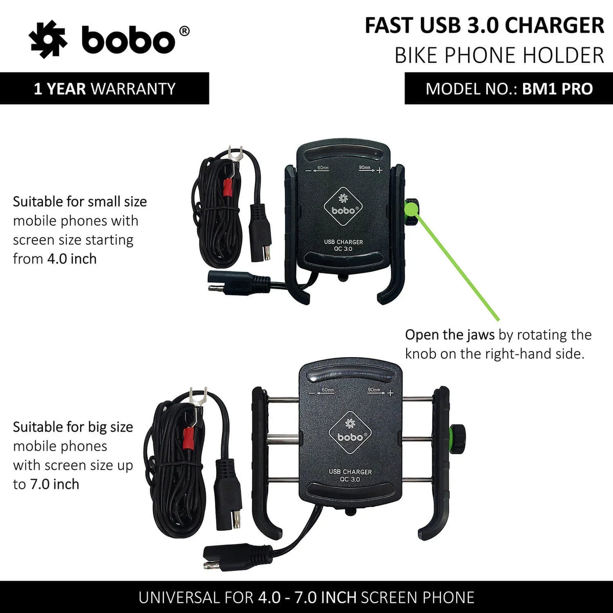 BOBO BM1 PRO Bike Phone Holder with USB 3.0 Charger & SAE Connector - View 7
