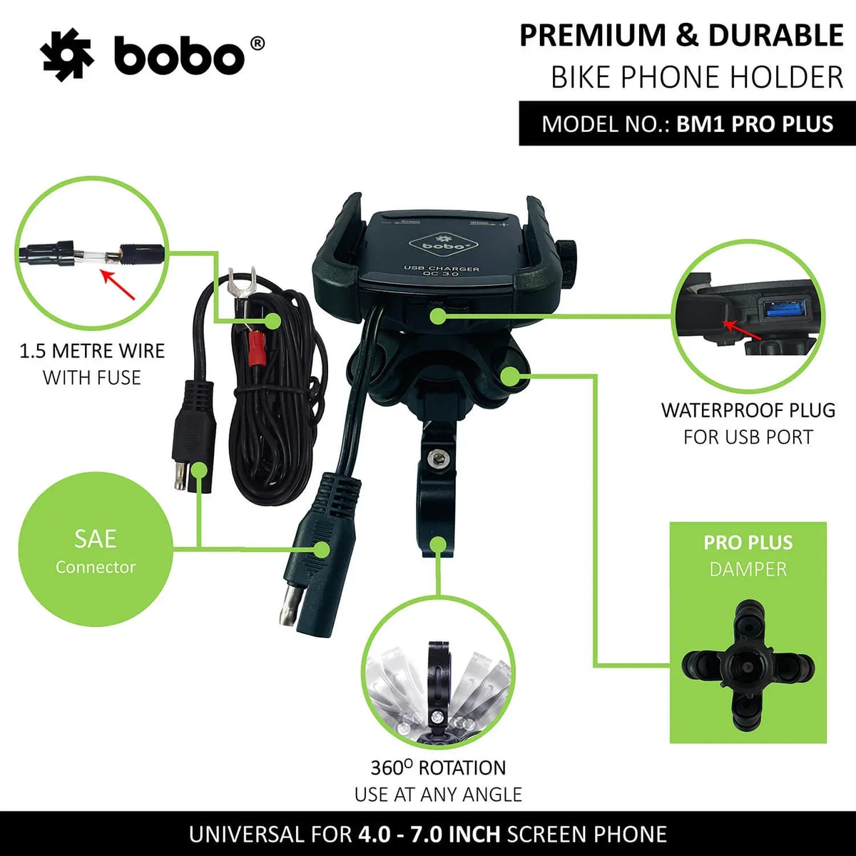 BOBO BM1 PRO PLUS Bike Phone Holder with Vibration Damper & USB 3.0 Charger - View 4