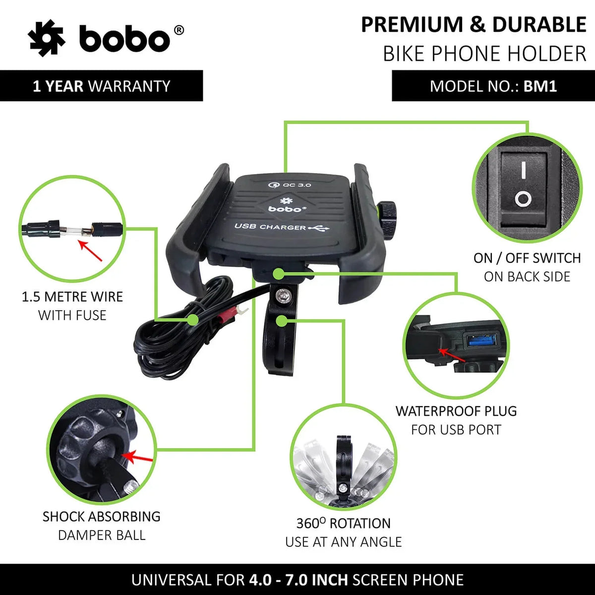 BOBO BM1 Bike Phone Mount with USB 3.0 Fast charger - View 6