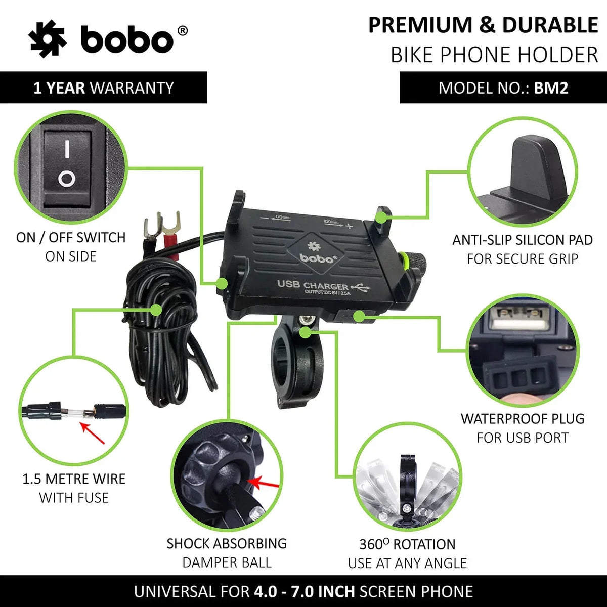 BOBO BM2 Aluminium Bike Phone Holder with 2.5A USB charger - View 9
