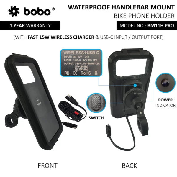 BOBO BM11H PRO Fully Waterproof Bike Phone Holder with Vibration Controller with Fast 15W Wireless & USB-C Charger - View 3