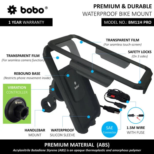 BOBO BM11H PRO Fully Waterproof Bike Phone Holder with Vibration Controller with Fast 15W Wireless & USB-C Charger - View 2