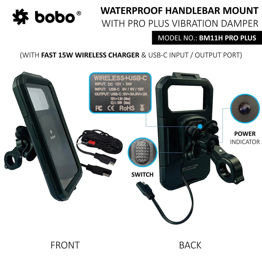 BOBO BM11H/M PRO PLUS Fully Waterproof Bike Phone Holder with PRO PLUS Vibration Damper with Fast 15W Wireless & USB-C