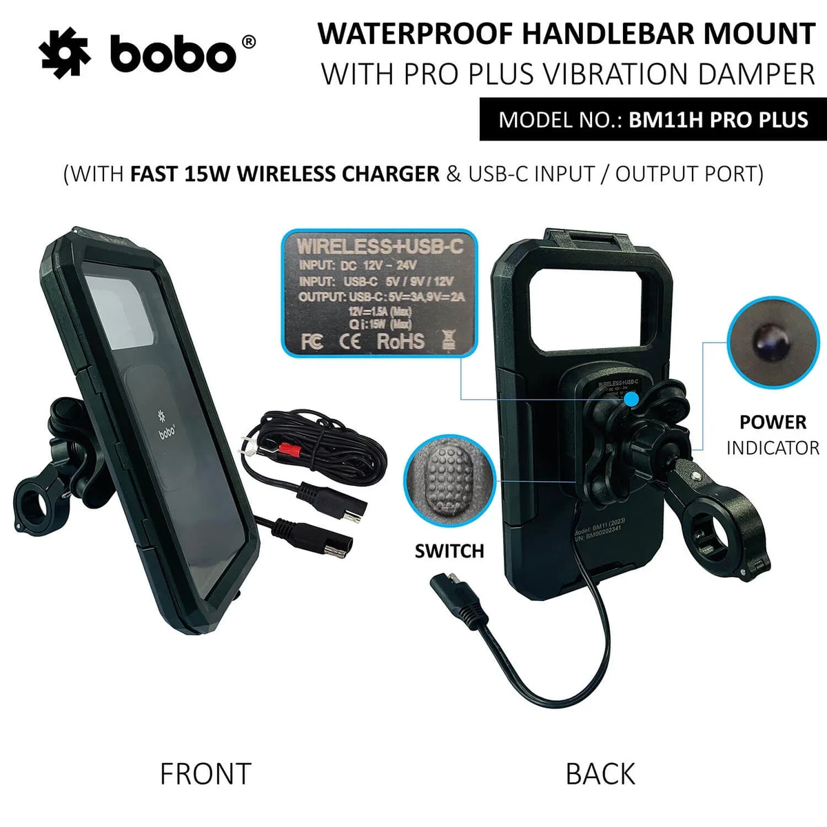 BOBO BM11H/M PRO PLUS Fully Waterproof Bike Phone Holder with PRO PLUS Vibration Damper with Fast 15W Wireless & USB-C