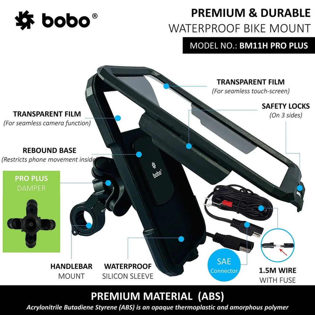 BOBO BM11H/M PRO PLUS Fully Waterproof Bike Phone Holder with PRO PLUS Vibration Damper with Fast 15W Wireless & USB-C