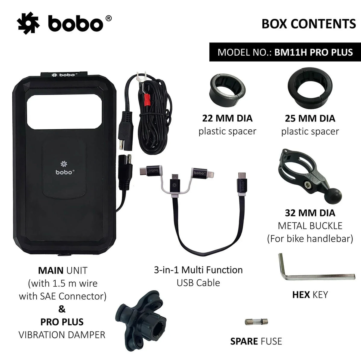 BOBO BM11H/M PRO PLUS Fully Waterproof Bike Phone Holder with PRO PLUS Vibration Damper with Fast 15W Wireless & USB-C
