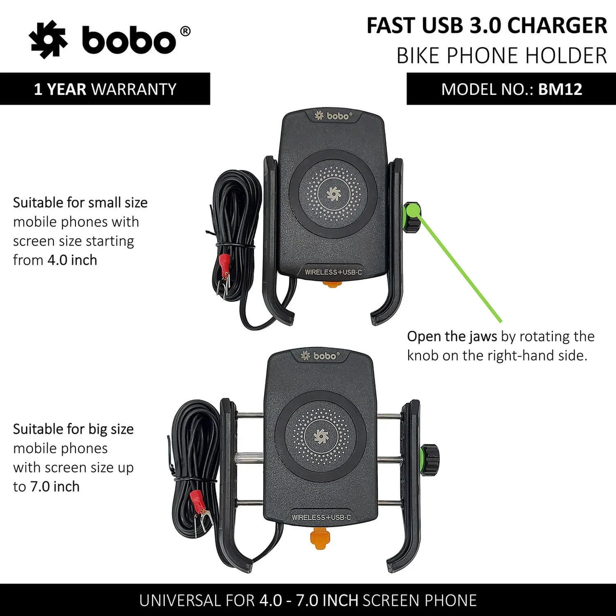 BOBO BM12 Bike Phone Holder with Fast 15W Wireless & USB-C Charger - View 3