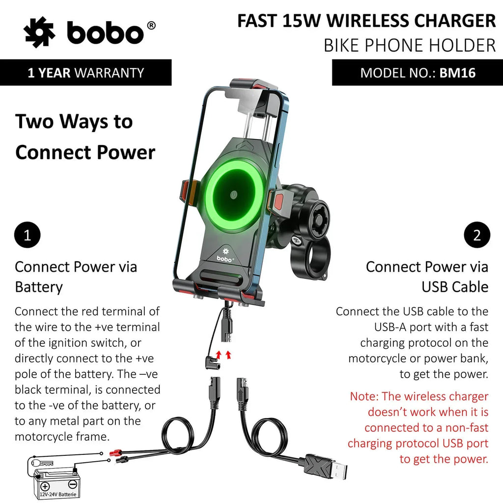 BOBO BM16 Anti-Vibration Metallic Bike Phone Holder with Fast 15W Wireless Charger - View 3
