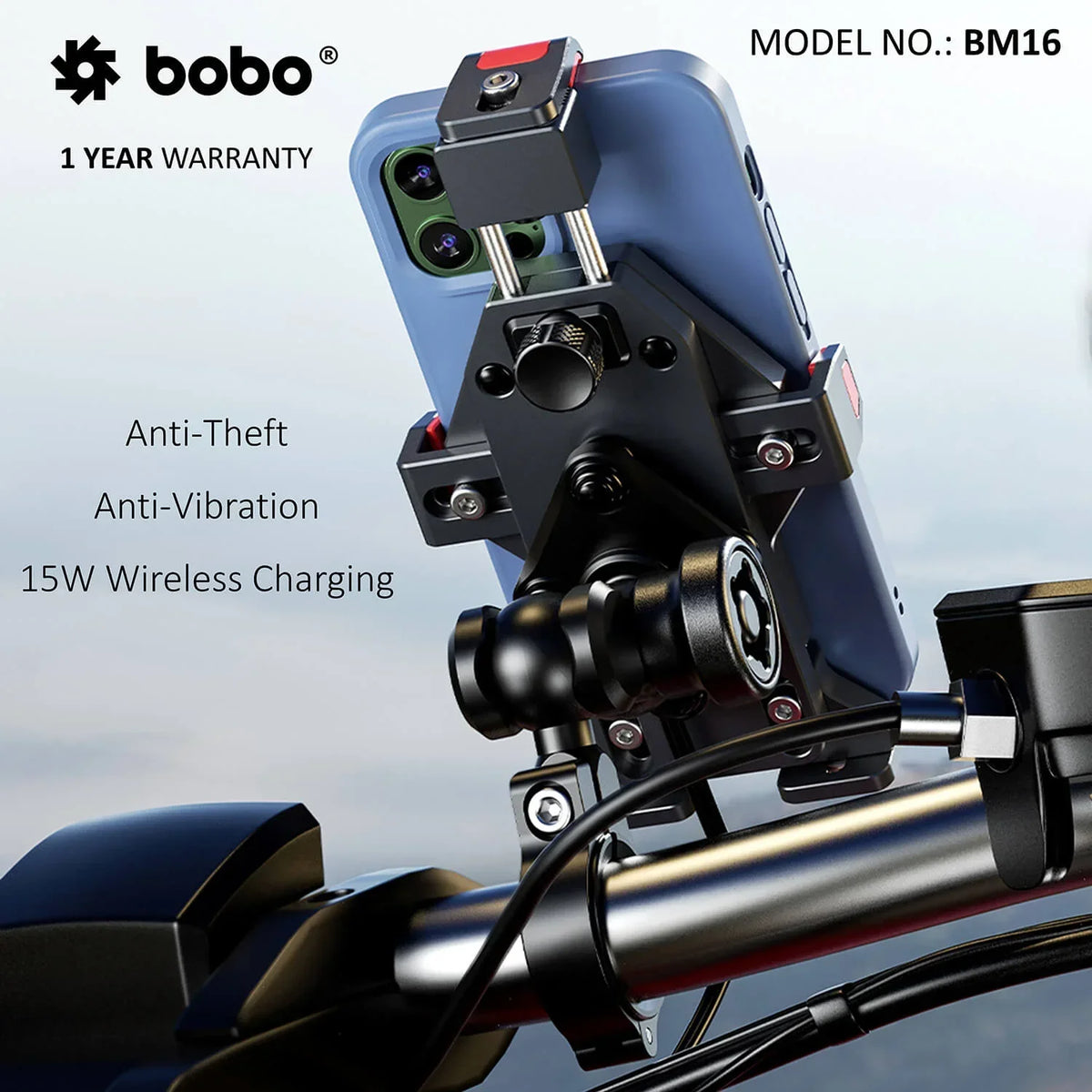 BOBO BM16 Anti-Vibration Metallic Bike Phone Holder with Fast 15W Wireless Charger - View 2