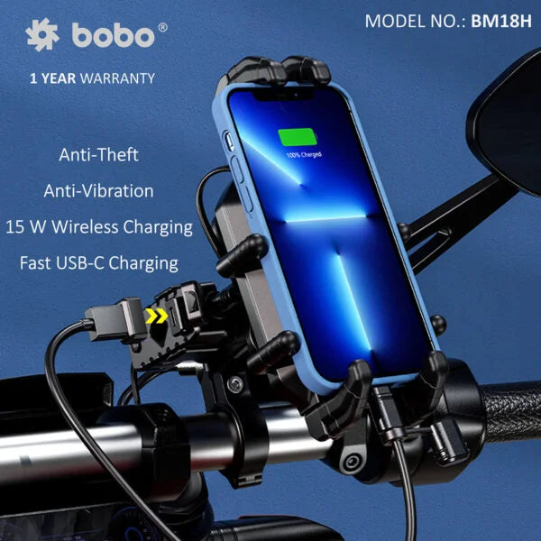 BOBO BM18H/M PRO Anti-Vibration Phone Mount with 15W Wireless Charger & USB-C Charging - View 3