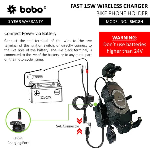 BOBO BM18H/M PRO Anti-Vibration Phone Mount with 15W Wireless Charger & USB-C Charging - View 6