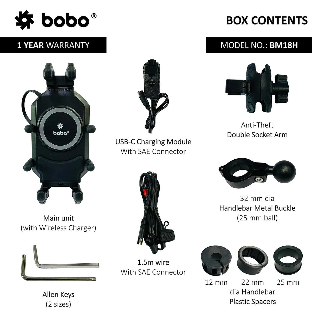 BOBO BM18H/M PRO Anti-Vibration Phone Mount with 15W Wireless Charger & USB-C Charging - View 9