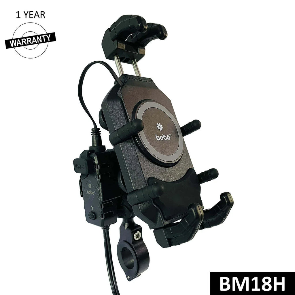 BOBO BM18H/M PRO Anti-Vibration Phone Mount with 15W Wireless Charger & USB-C Charging