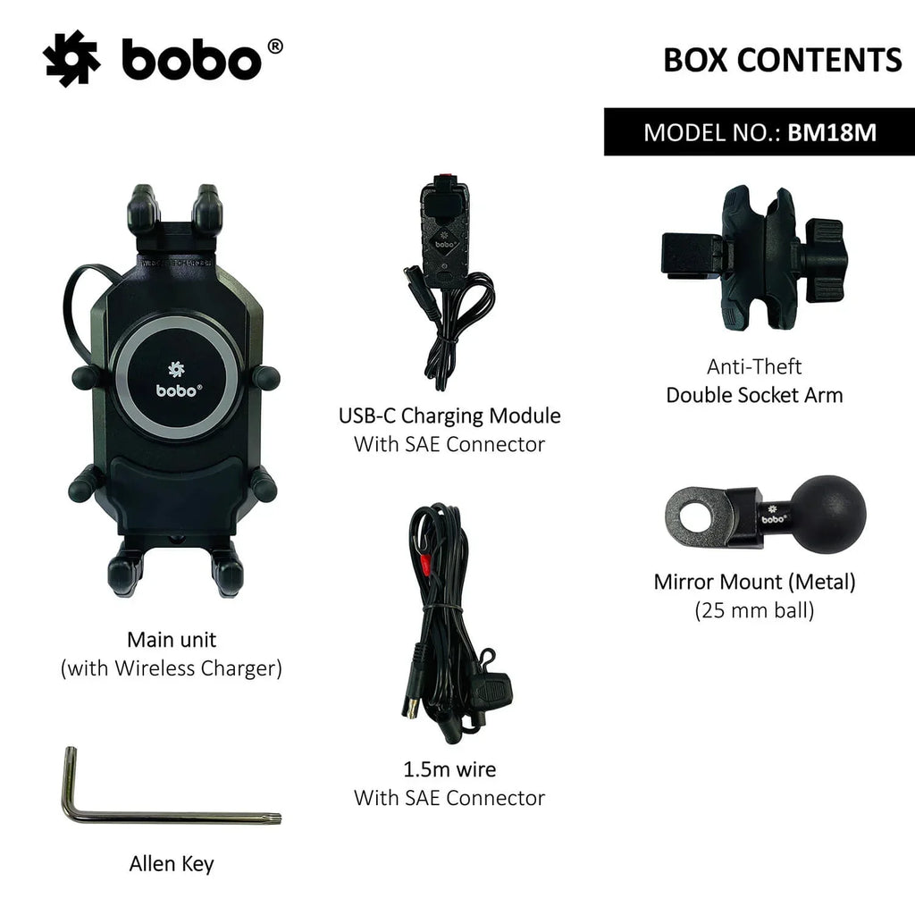 BOBO BM18H/M PRO Anti-Vibration Phone Mount with 15W Wireless Charger & USB-C Charging - View 8