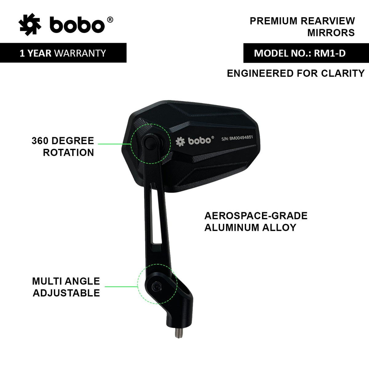 BOBO RM1-D Anti-Glare, Anti-Fog Rearview Bike Mirror - View 2