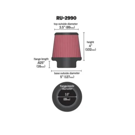 K&N RU-2990 High-Flow Universal Air Filter – Tapered Performance Cotton Gauze Intake Filter (89mm / 3.5”) - View 2