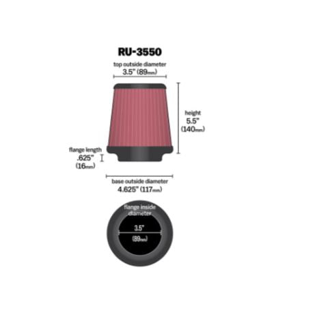 K&N RU-3550 High-Flow Original Universal Air Filter – 3.5" Flange Reusable Washable Performance Engine Intake Filter – Up to