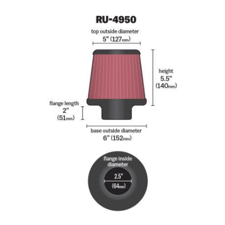 K&N RU-4950 High-Flow Original Universal Air Filter – 2.5 Inch Flange Reusable Washable Performance Engine Intake Filter – Up