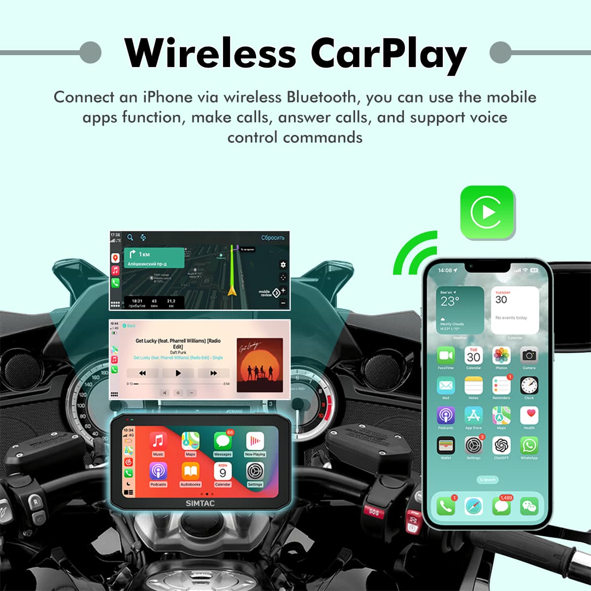 SIMTAC MOTORCYCLE GPS CARPLAY & ANDROID AUTO SYSTEM – M6DT - View 3