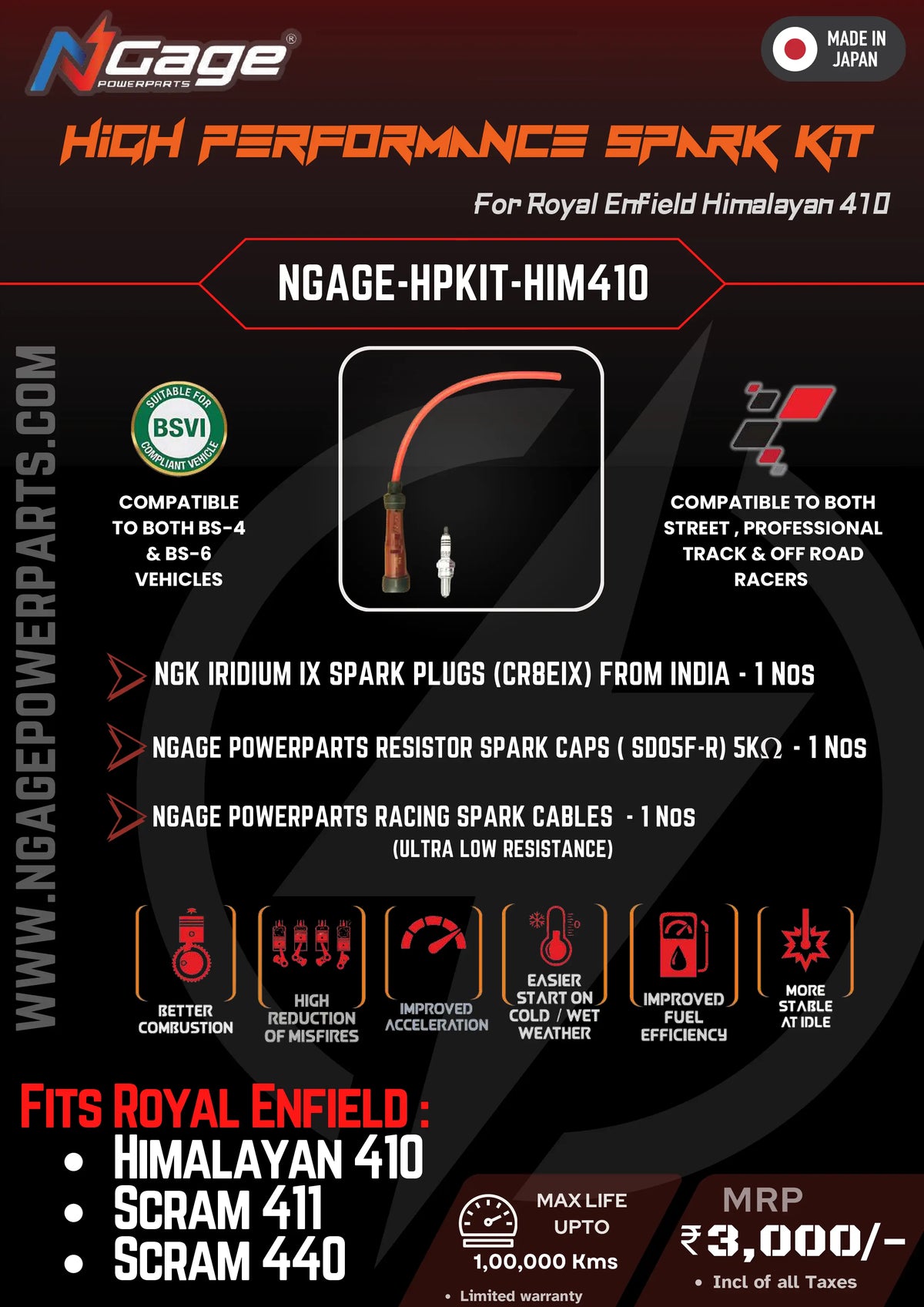 Ngage High Performance Ignition Kit for Royal Enfield Himalayan 410 / Scram 411 / Scram 440 – NGK Iridium IX Spark Plug +