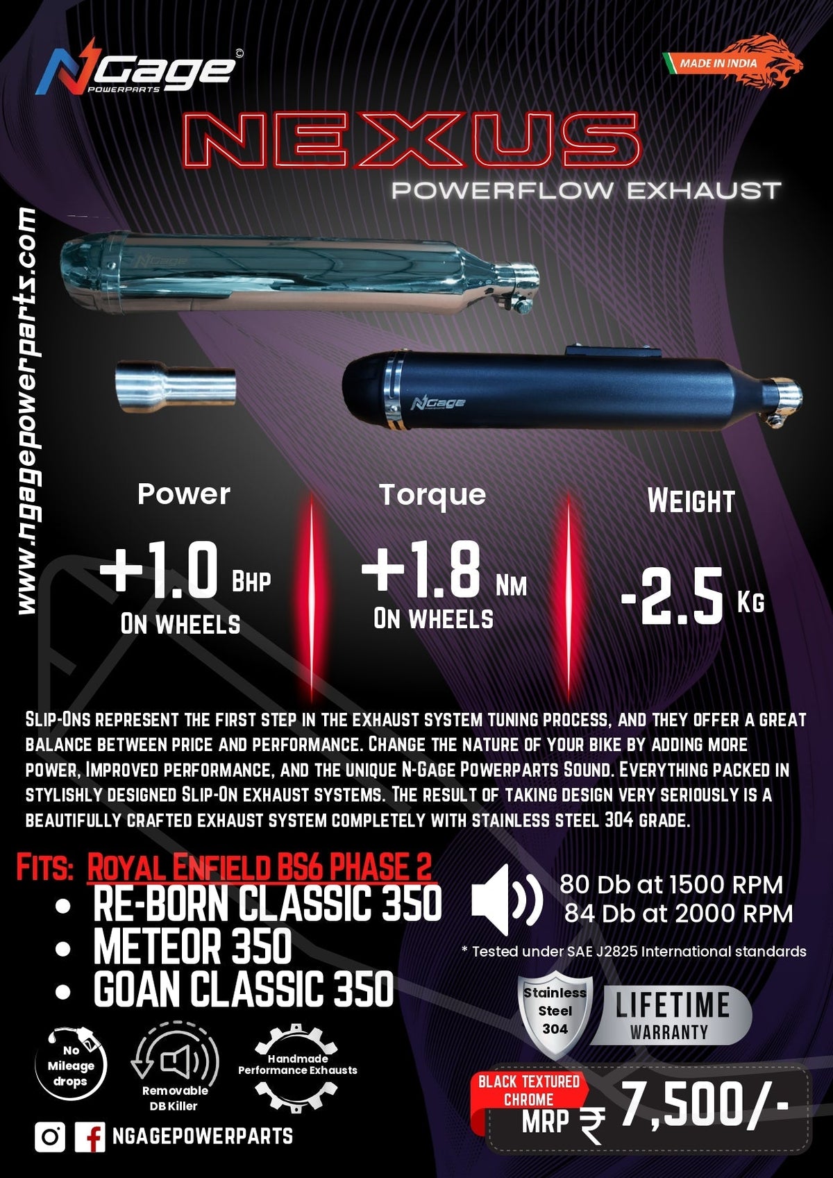 N-Gage Powerparts Nexus Powerflow Exhaust Slip-On Exhaust for Royal Enfield 350 | POWEURFLOS Performance Exhaust | +1.0 BHP