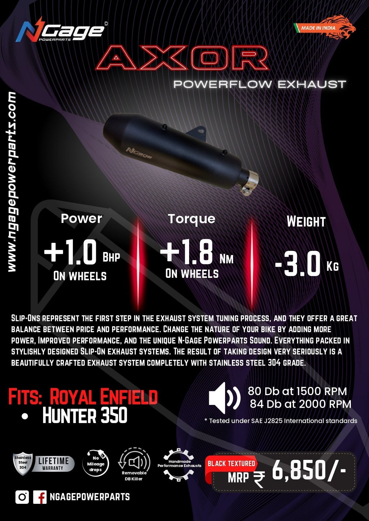 Ngage Powerparts Axor Powerflow Slip-On Exhaust for Royal Enfield Hunter 350 | Stainless Steel 304 | +1.0 BHP & +1.8 Nm