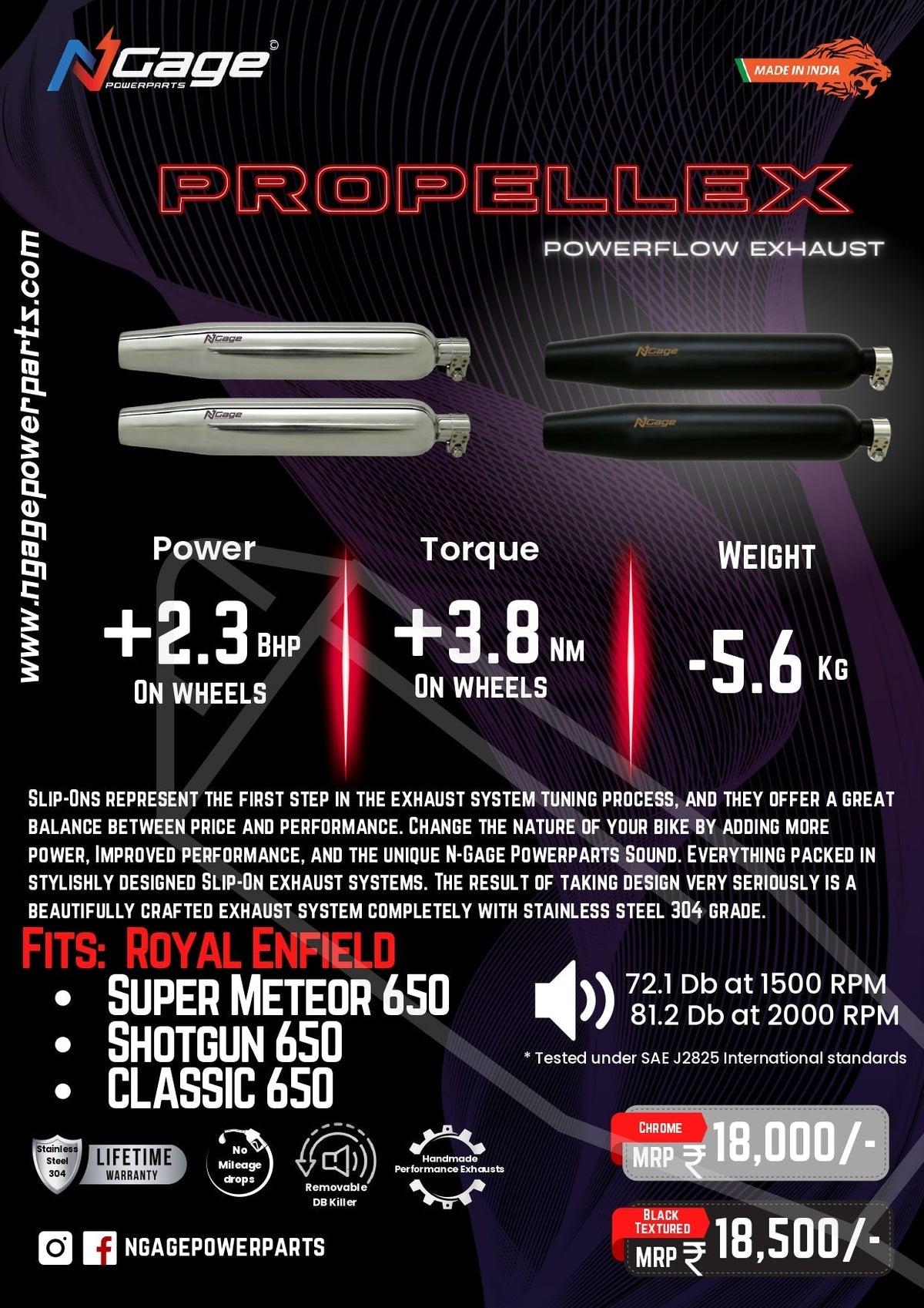 Ngage Powerparts Propellex Powerflow Exhaust Slip-On Exhaust for Royal Enfield Super Meteor 650, Shotgun 650 & Classic 650