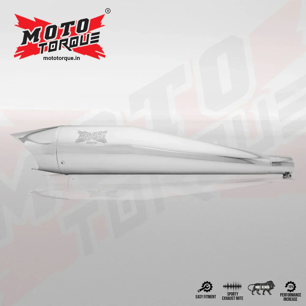 Moto Torque Shark Chrome Exhaust for Royal Enfield UCE Models – Performance Bass Silencer - View 4