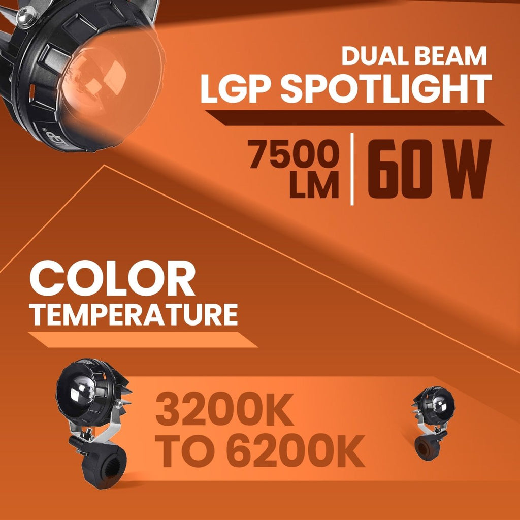 LGP DK330 Dual Beam LED Spotlight for Bike (Pair) | 60W 7500LM Yellow & White | Waterproof, Universal Motorcycle Fit - View 3