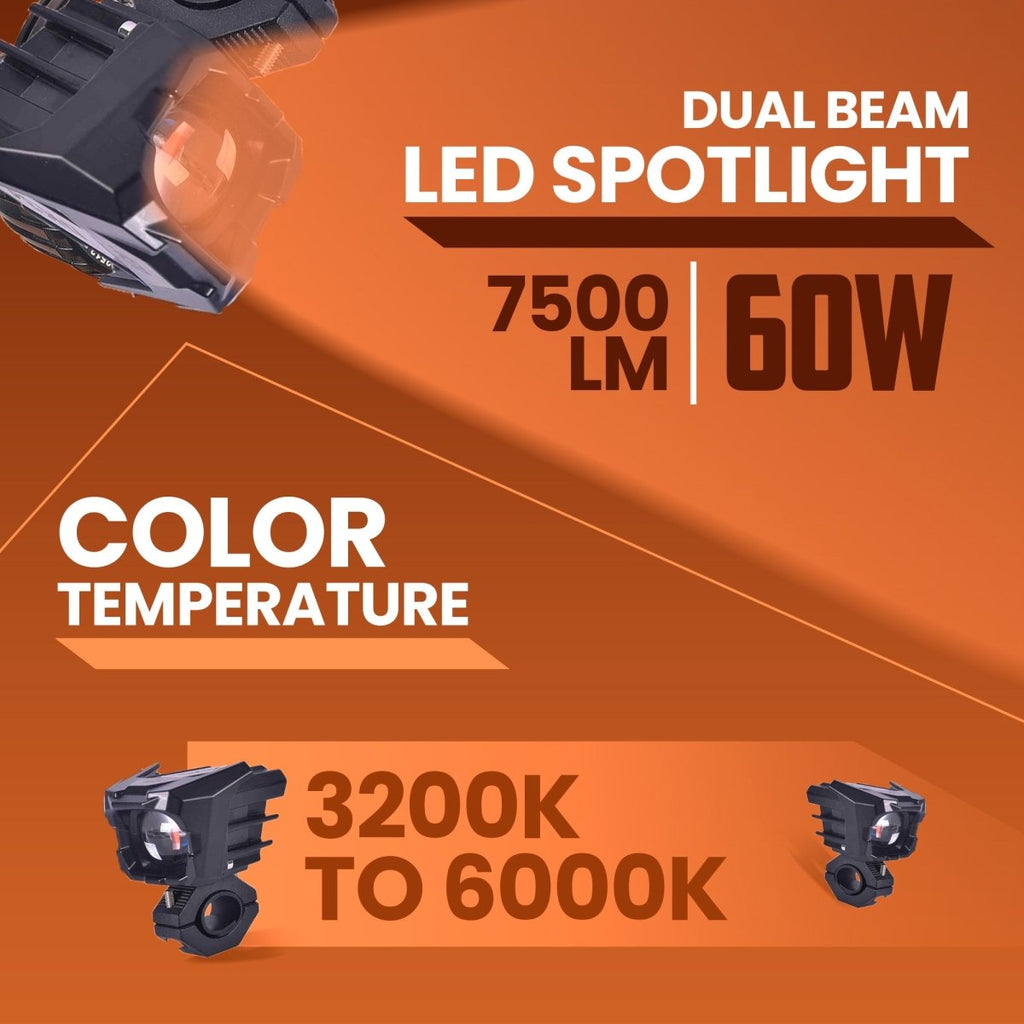 LGP DK34 Dual Beam LED Spotlight for Bike (Pair) | 60W 7500LM, Yellow & White | Waterproof IP67, Universal Motorcycle Fit