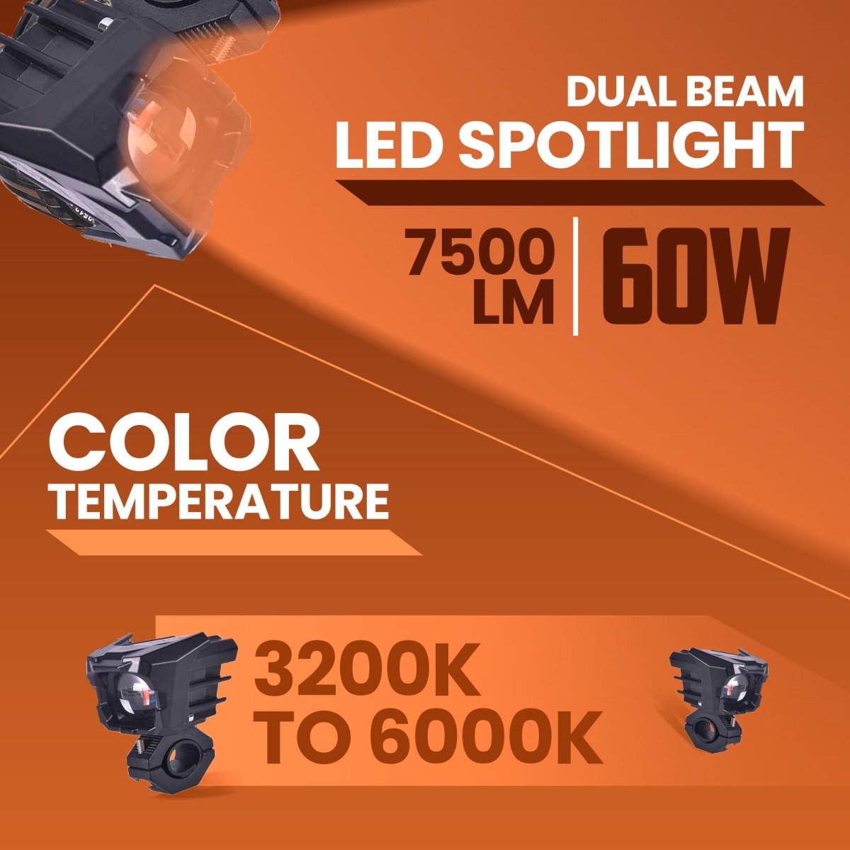 LGP DK34 Dual Beam LED Spotlight for Bike (Pair) | 60W 7500LM, Yellow & White | Waterproof IP67, Universal Motorcycle Fit