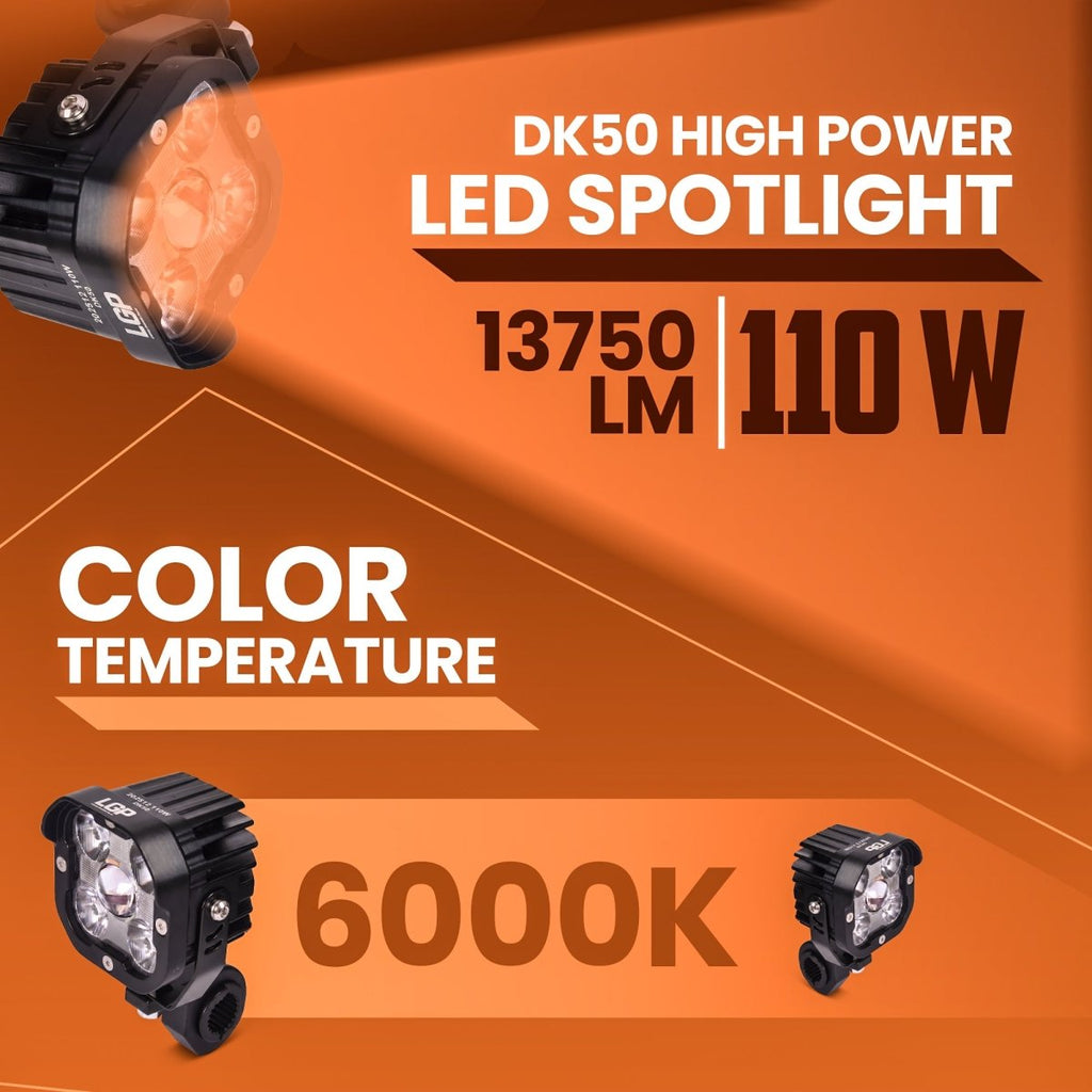 LGP DK50 High Power LED Spotlight for Bike (Pair) | 110W 13750LM | IP67 Waterproof Auxiliary Fog Light, Universal Motorcycle