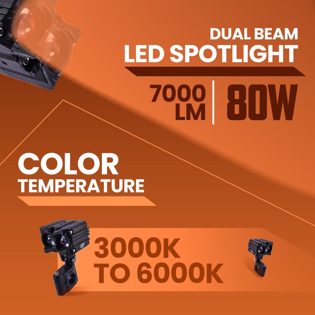 LGP MK05 Dual Beam LED Spotlight for Bike (Pair) | 80W 7000LM Yellow & White | IP67 Waterproof, Universal Motorcycle Fit