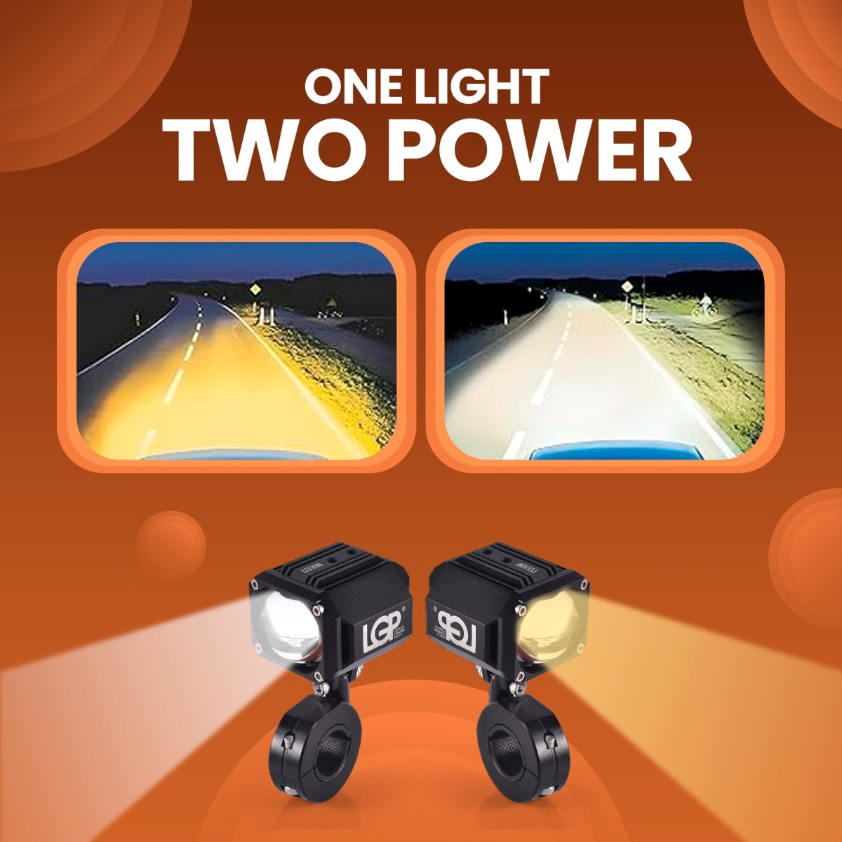 LGP MK07 Dual Beam LED Spotlight for Bike (Pair) | 60W 7000LM Yellow & White | IP67 Waterproof, Universal Motorcycle Fit