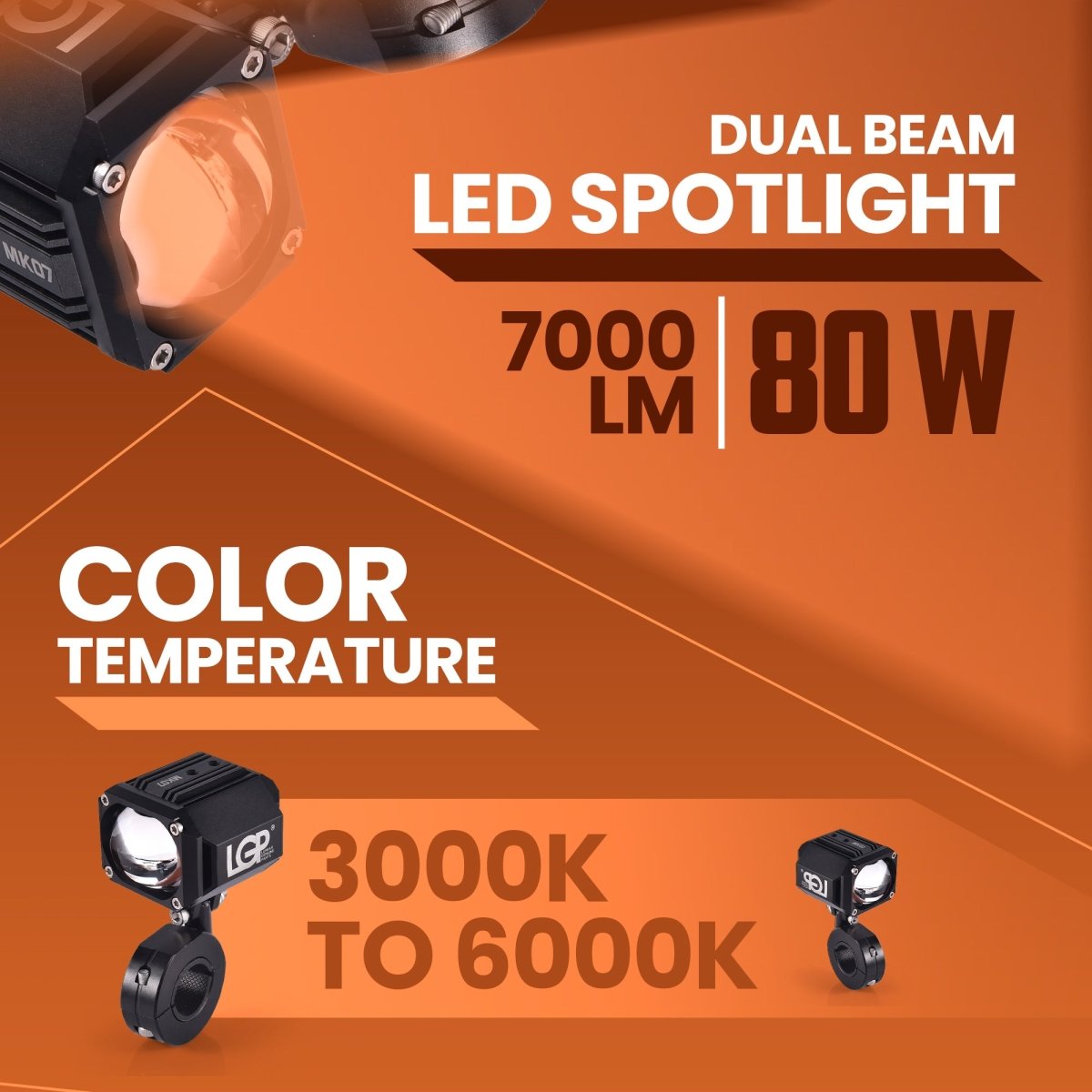 LGP MK07 Dual Beam LED Spotlight for Bike (Pair) | 60W 7000LM Yellow & White | IP67 Waterproof, Universal Motorcycle Fit