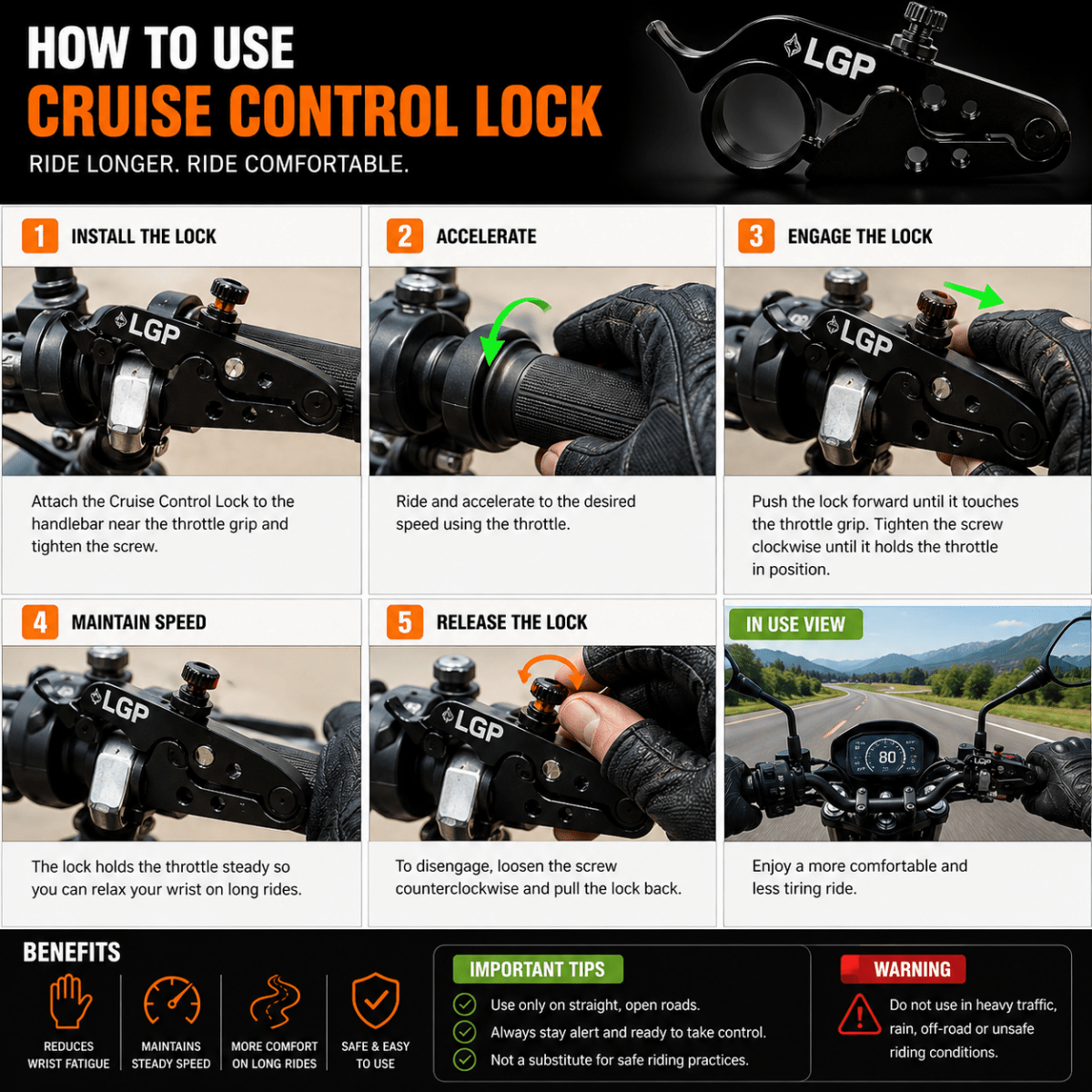 LGP Universal Motorcycle Cruise Control Lock – Throttle Assist for All Bikes - View 3