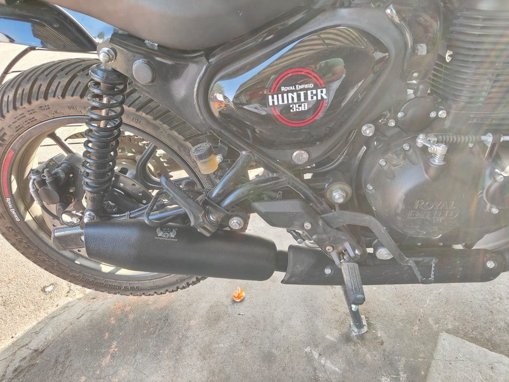 KP Racing System Mini Dolphin Black Exhaust for Royal Enfield Hunter 350, Bullet 350, Classic 350 Reborn & Meteor 350 | Deep