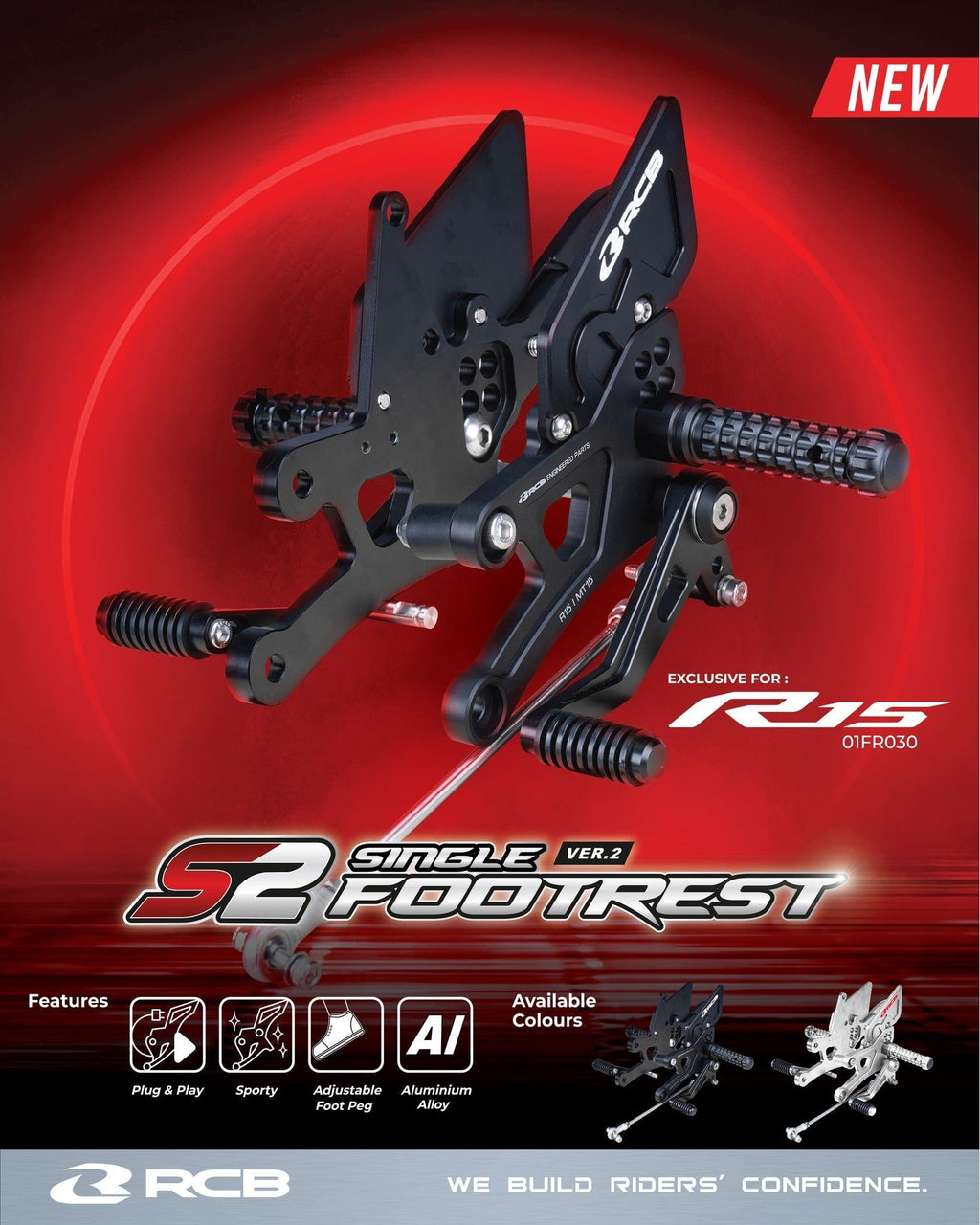 RCB Racing Boy S2 single footrest black and silver for Yamaha R15 V3 V4 MT-15